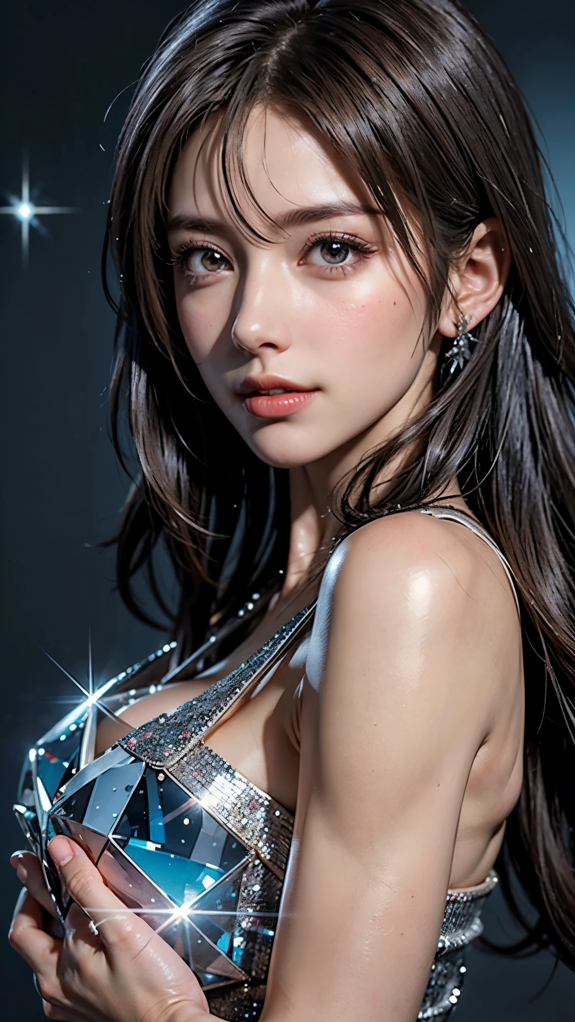 1girl,side tail, black hair, long straight hair, eyes sparkling with star , hair accessory, white ribbon, slender, blushing, grinning, stick out one's tongue,(((pupils sparkling, star-shaped pupils)), more big eyes,(medium breasts),white dress clothes,stage outfit, background, city, blue sky, day, (hologram:1.3) ,
