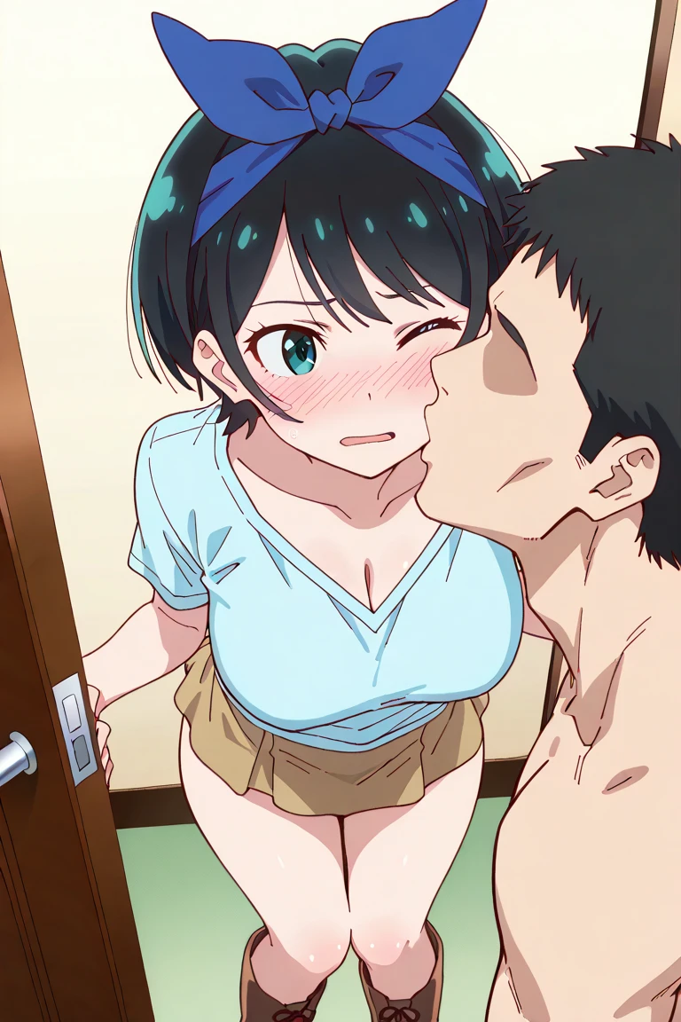 shinkai makoto, kimi no na wa., 1middle age man, wrinkle face, black hair,bangs swept to the right side, office suit, middle aged man caressing girl's body, kiss cheeks, passionate hug, boy is hugging from behind, chestgrope from behind, middle aged man is touchig girl's chest, hold chest, 1girl, nude, bangs, black hair, brown eyes, Twisted Half Up Hair, red ribbon, long hair, nipples, medium breast, storage room, indoors, masterpiece, perfect anatomy, cowboyshot