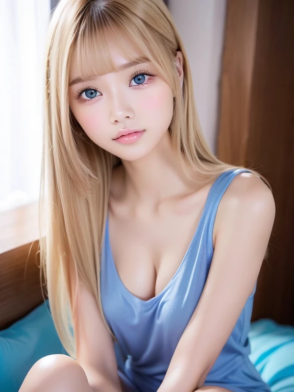 1girl, (ojos azules), (They are smiling), (En nombre de Minaj), caderas anchas, tetas grandes, grande, (La mejor calidad, 8k, Obra maestra: 1.3), Manos perfectas, Enfoque claro: 1.2, Belleza corporal perfecta: 1.4 , abdominales delgados: 1.2, Highly Detailed Face and Skin Texture, ojos detallados, 双眼皮, (maquillaje rosa con brillo :1.2), (Cabello largo rubio :1.2), escote camiseta blanca y pantalones cortos de mezclilla, (Primer plano en la cara :1.3), staring at the camera, Sentado en la cama, in a pink room
