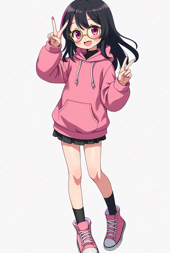 cute cat girl, cat ears, black hair, pink eyes, smug, pink hoodie, straight bangs, fart, farting