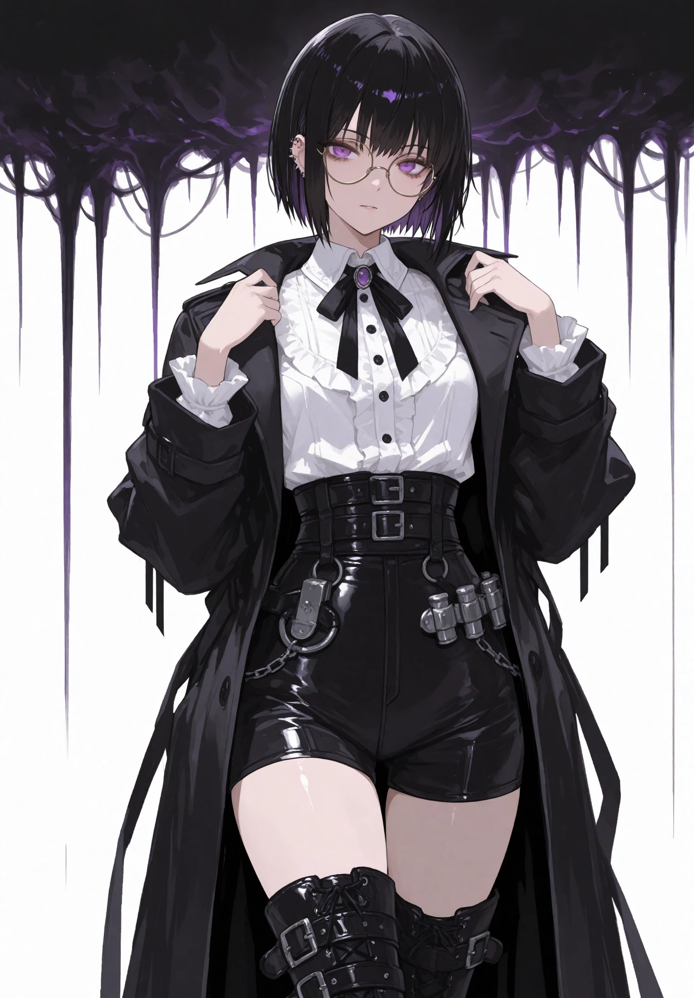 1girl, chainsaw man, rabbit hole \(vocaloid\), yoru \(chainsaw man\), absurdres, official art, solo, animal ears, bare legs, barefoot, black hair, black leotard, bow, bowtie, clothing cutout, cross scar, detached collar, fake animal ears, feet, heart cutout, jacket, knee up, leotard, open clothes, open jacket, open mouth, pink bow, pink bowtie, pink eyes, playboy bunny, playing with own hair, rabbit ears, scar, scar on cheek, scar on face, scar on nose, sitting, solo, strapless, strapless leotard, white jacket, ((very aesthetic, best quality, ultra detailed)), painterly