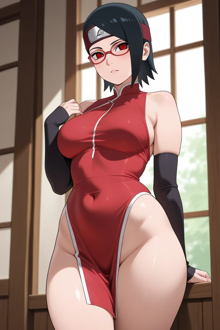 Sarada\(Boruto\), frameless glasses, red eyes, black hair, medium hair,, 1women, 1girl, soft muscle body, cleavage, Brown bikini, spread legs. Large breasts, beautiful round shaped Ass,, curvy waist