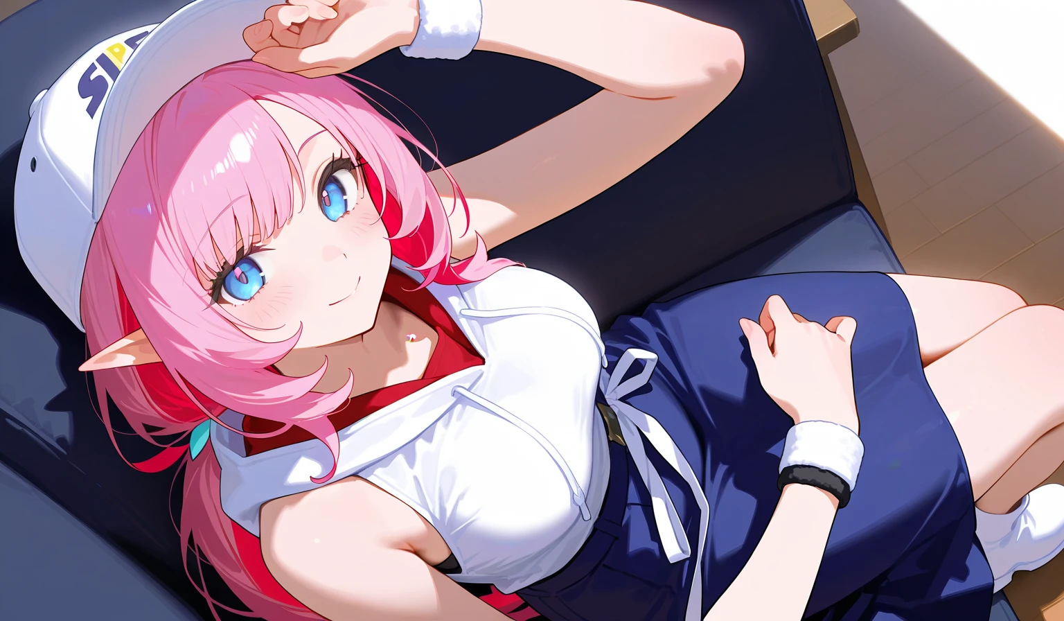 1girll, Pink hair, Red eyes, Medium breasts, uniform, Classroom, Bare shoulders,
