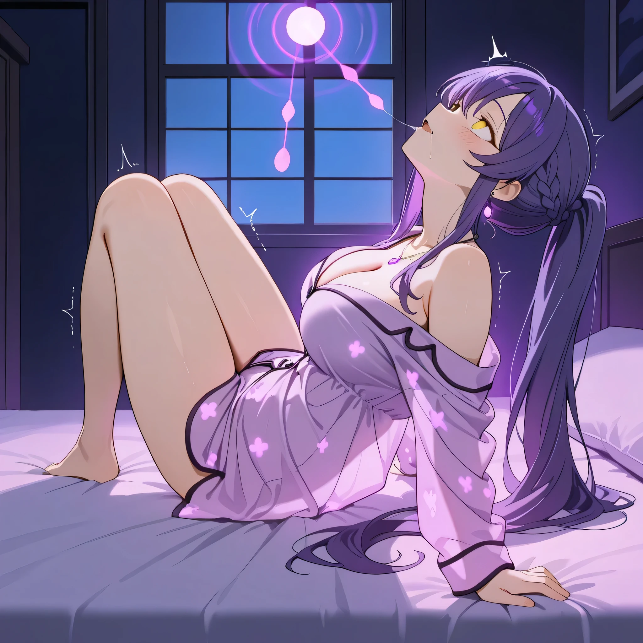 score_9, score_8_up, score_7_up, 1girl, sole female, only female, (top quality, 8k), high resolution, smooth, best quality, highly detailed, bedroom at night, purple light, ((from the front)), (dark room), large breasts, glowing hypnotic waves in the background, at night, masterpiece, high quality, absurd resolution, blush, happy, glowing yellow eyes, empty eyes, orgasm face, bliss, orgasm, orgasm, breast focus, white silk pajamas, off shoulder, shoulders visible, cleavage, see-thru silhouette, necklace, earrings, very long hair, purple hair, purple eyes, sidelocks, ponytail, french braid, very thin legs, long legs, saliva trail, drooling, a lot of saliva, looking up, laying in bed, back arched, leaning back, stretching, facing up, legs together, hands grabbing pillow, motion lines, full body shot, motion lines, trembling, hypnosis waves, glowing purple hearts by head