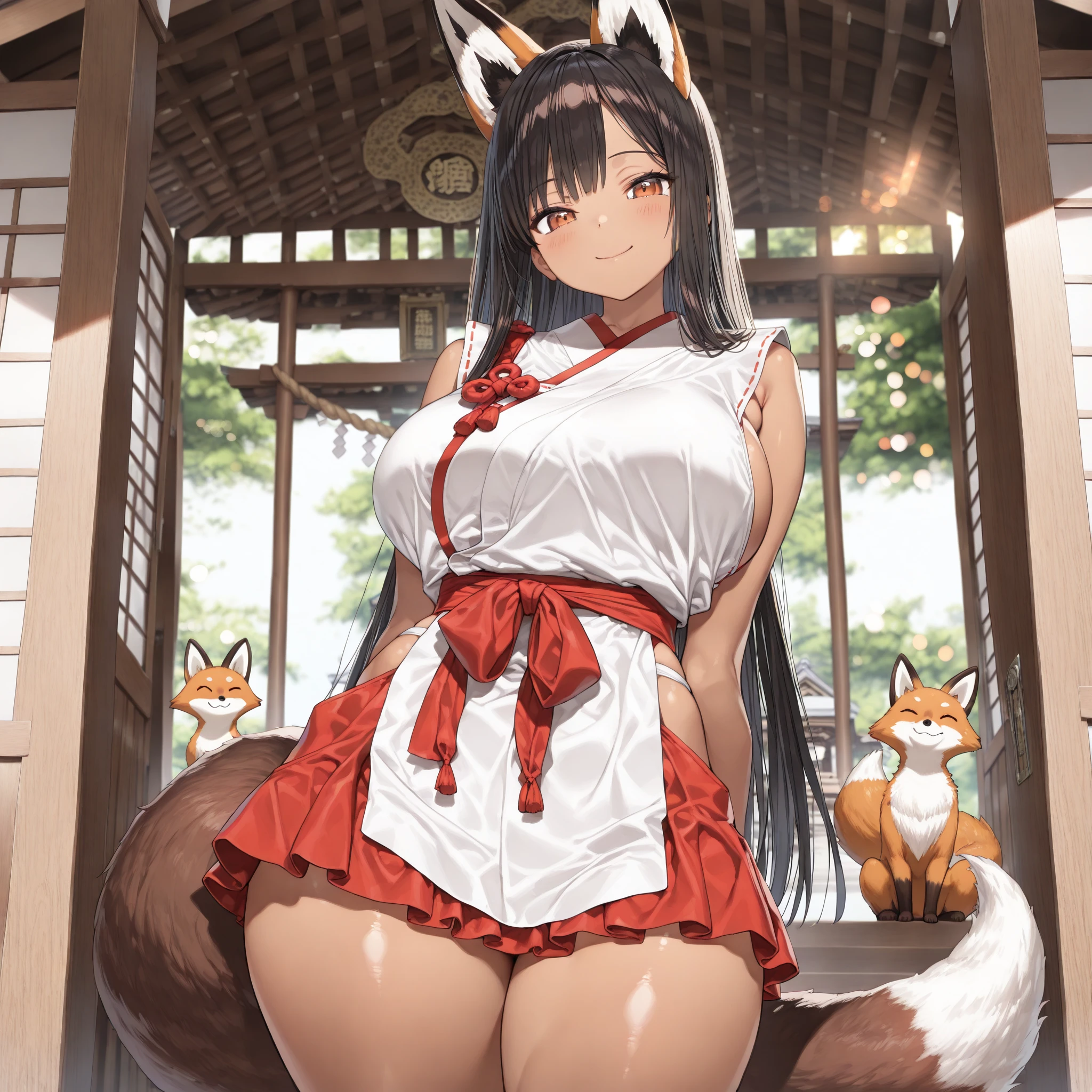 (((masterpiece))),(((best qualtiy))),((Ultra detail)),(illustration)，huge tit，Exposed kimono，Kitsune wife in Shinto shrine, Facing the audience ，Take off half of your kimono，Long straight black hair，Largest breasts，Clean smooth and delicate white silk long legs，Gorgeous red Japanese kimono , Fox ears and nine fox tails , Thicc thighs