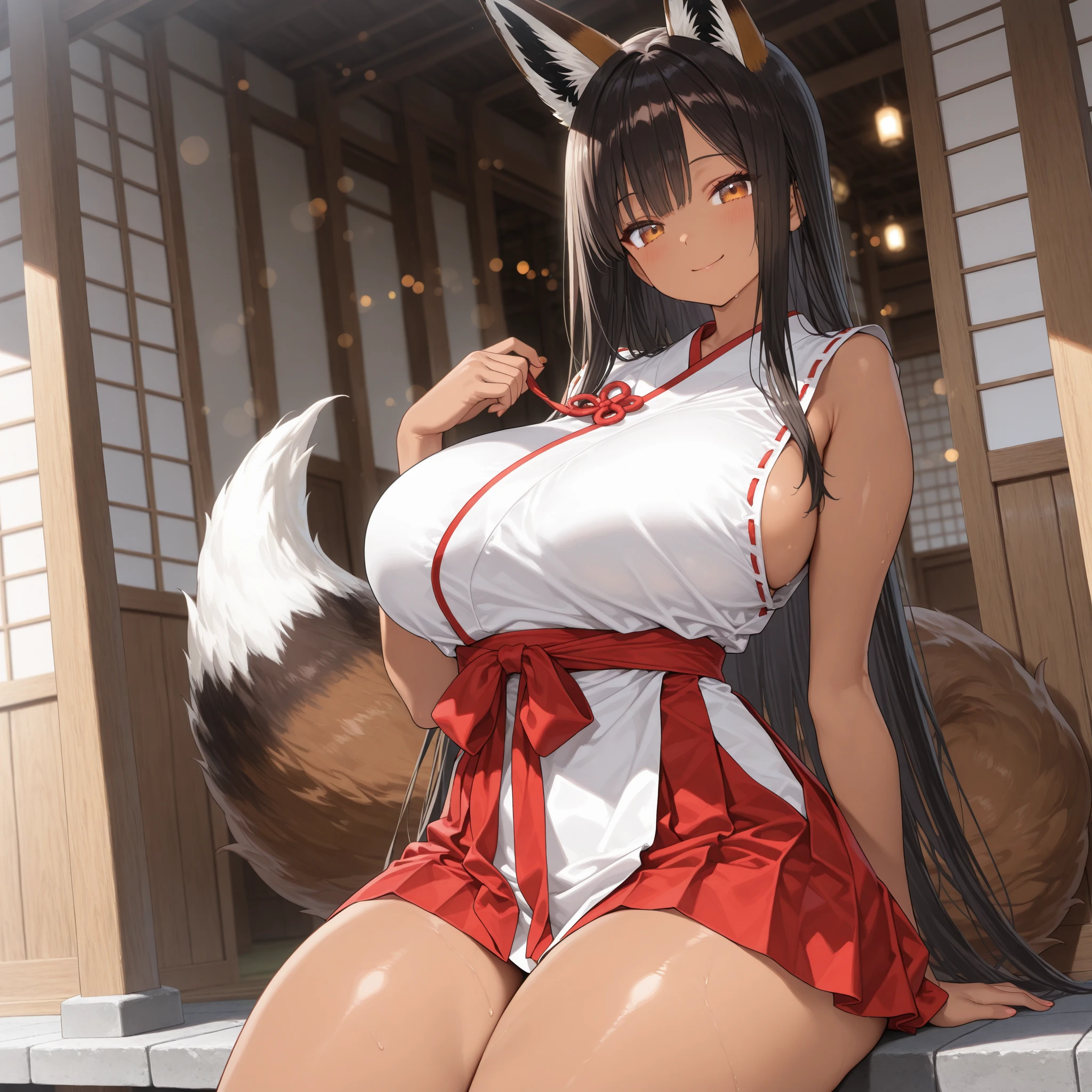 (Fox Girl, Fox Ears, Black colored hair, Fox Makeup, One Girl, Long Hair:1.2), (kimono, Kimono with open chest, A beautiful kimono with red and black patterns, I can see her cleavage, Open chest, Exposed skin:1.8), (Body size is 100-70-90!, Nice body, Big Breasts, Soft breasts, Emphasize cleavage, Knees are slightly visible, Muscular, Abdominal muscles, Grab your own chest:1.9), Avatar, face, lewd face, Dominant representation, naughty face, Uplifting, Skin Texture, outside, Grassy field