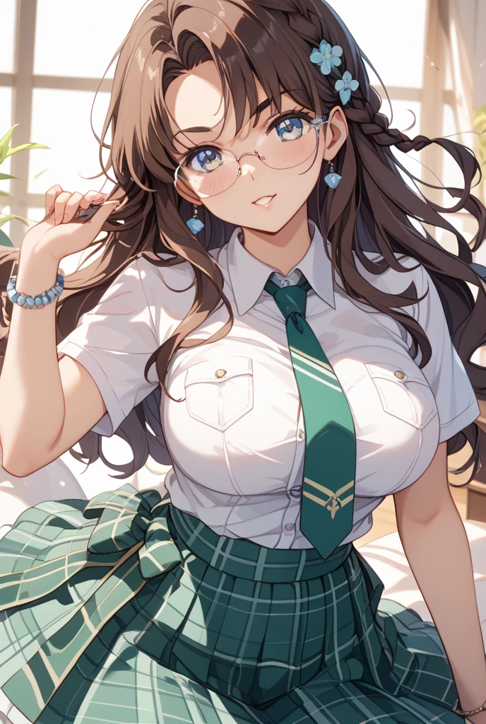 High resolution, high quality, 1 girl, anime girl, brown long hair, brown eyes,heart-shaped pupil, green glasses, tanned skin, big breasts,beautiful breasts, (big ass),beautiful butt,Aqua Cardigan,green dirndl skirt,walk,[[[Pregnant]]],lower body,in the flower field,confetti,