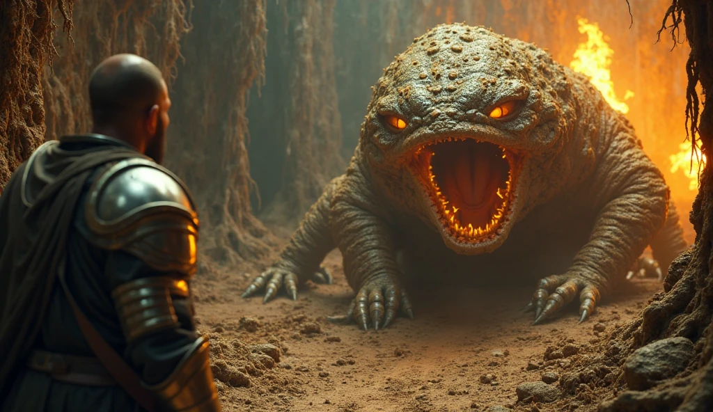 Someone in front of the tarrasque, Tarrasque inside a cave , just your giant head, front view, Terror, dark golden, scary, fear 4k rpg style