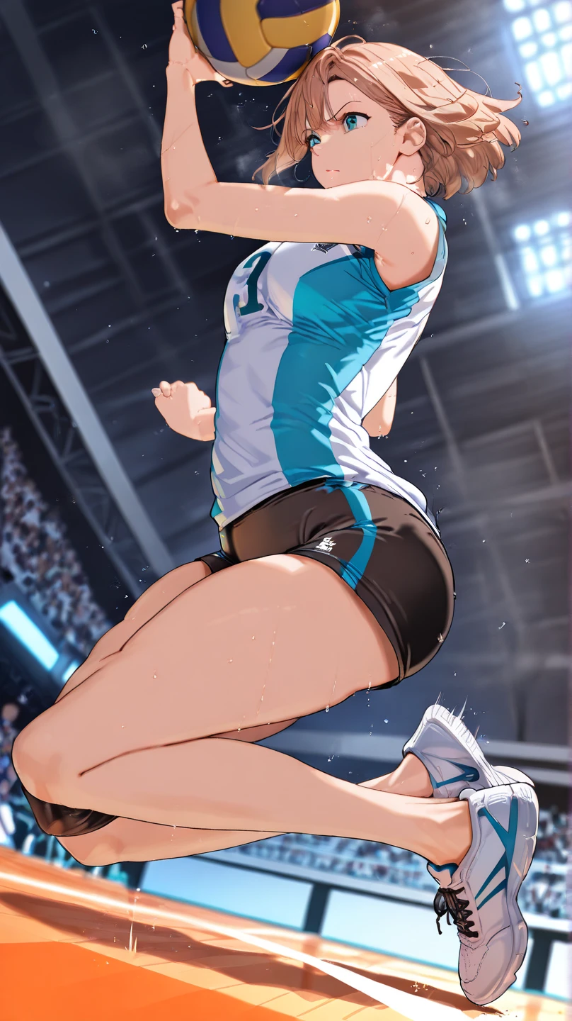 Yazawa nico, Twin tails,Red eyes,((Mid-chest, Tomboy, Small Head)), Dawn, sunlight, (Trained abdominal muscles : 1.1), (Perfect body : 1.1), (Short Wavy Hair : 1.2) , Auburn Hair, collar, Lock, Full Body Shot, Crowded street, Wearing a black tank top, Jeans jacket, ((Shorts)), (Highly detailed CG 8K wallpaper), (Very delicate and beautiful), (masterpiece), (Highest quality:1.0), (ultra High resolution:1.0),  Beautiful lighting ,Perfect Lightning, Realistic Shadows, [High resolution], Detailed skin, Super detailed