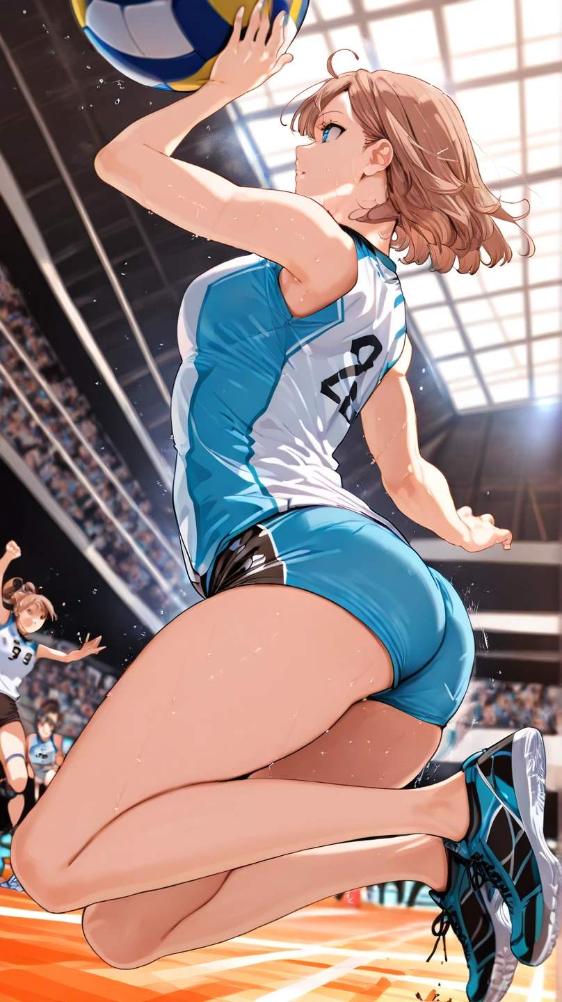 (tan skinned giantess), basketball court, sports uniform, (2girls:1.5), (height_difference:1.8), (size_difference:1.1), (miniature woman behind the ass of a giantess), (below view side view: 1.1), a tiny woman below the breasts of a giantess, super cute girl, (very tall: 1.1), (very detailed: 1.1), (smooth vibrant drawing: 1.2), (lineart: 1.1), sketch, (amazing detail: 1.1), (official art: 1.1), (official character art anime: 1.1)