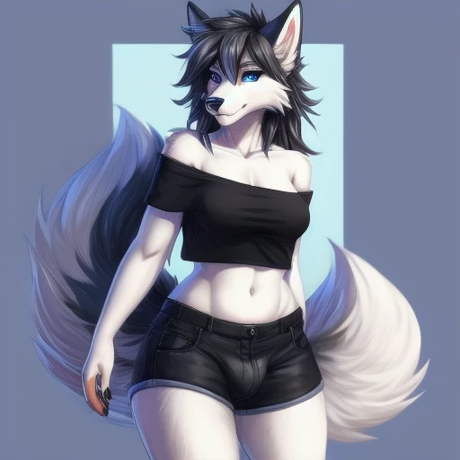 anthropomorphic female wolf standing, white background, hot wolf, humanoid woman, fat wolf, cell shaded, digital art, tail sneak around, solo, 3/4 body view, one hand behind head and the other hand in the hips, half eyes closed, looking at viewer, short hair, wearing a tiny black bikini, paities are bit lowered, blue eyes, seen from below, big breast, tail rised, tongue out. perspective,