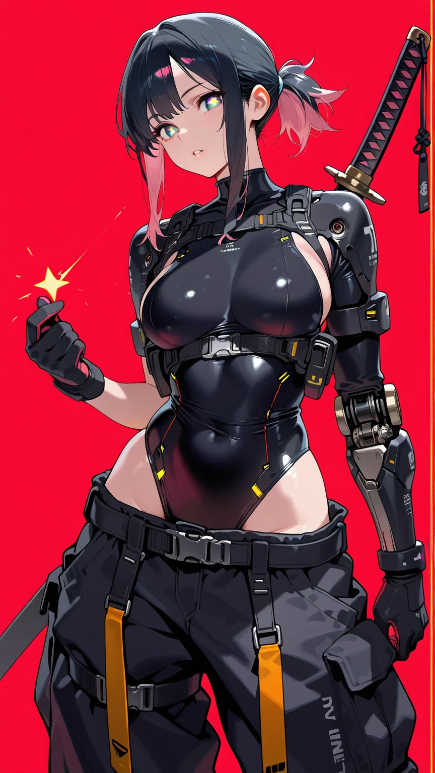 ((full body):1.5), Only one ((woman):1.5), with black mecha outfit with white parts, extremely tight on the body, ((extremely big and hard breasts):1.2), she has (pink hair short mohawk and blue eyes):1.2), ((blood all over body)1.2), doing erotic pose, looking at viewer, small smile, she is in a futuristic headquarters with ((5 robots+red dinosaurs with parts in black)1;2) behind her looking at her.