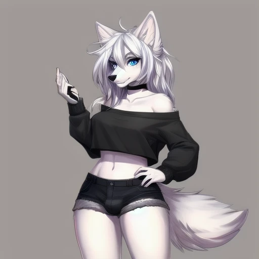 ((masterpiece, best quality)) by zackary911,zackary911, eevee anthro, solo, one character, eye patch, female, fluffy fur, big fluffy tail, breast, fluffy fur neck, long white hair, wide hips, black poncho