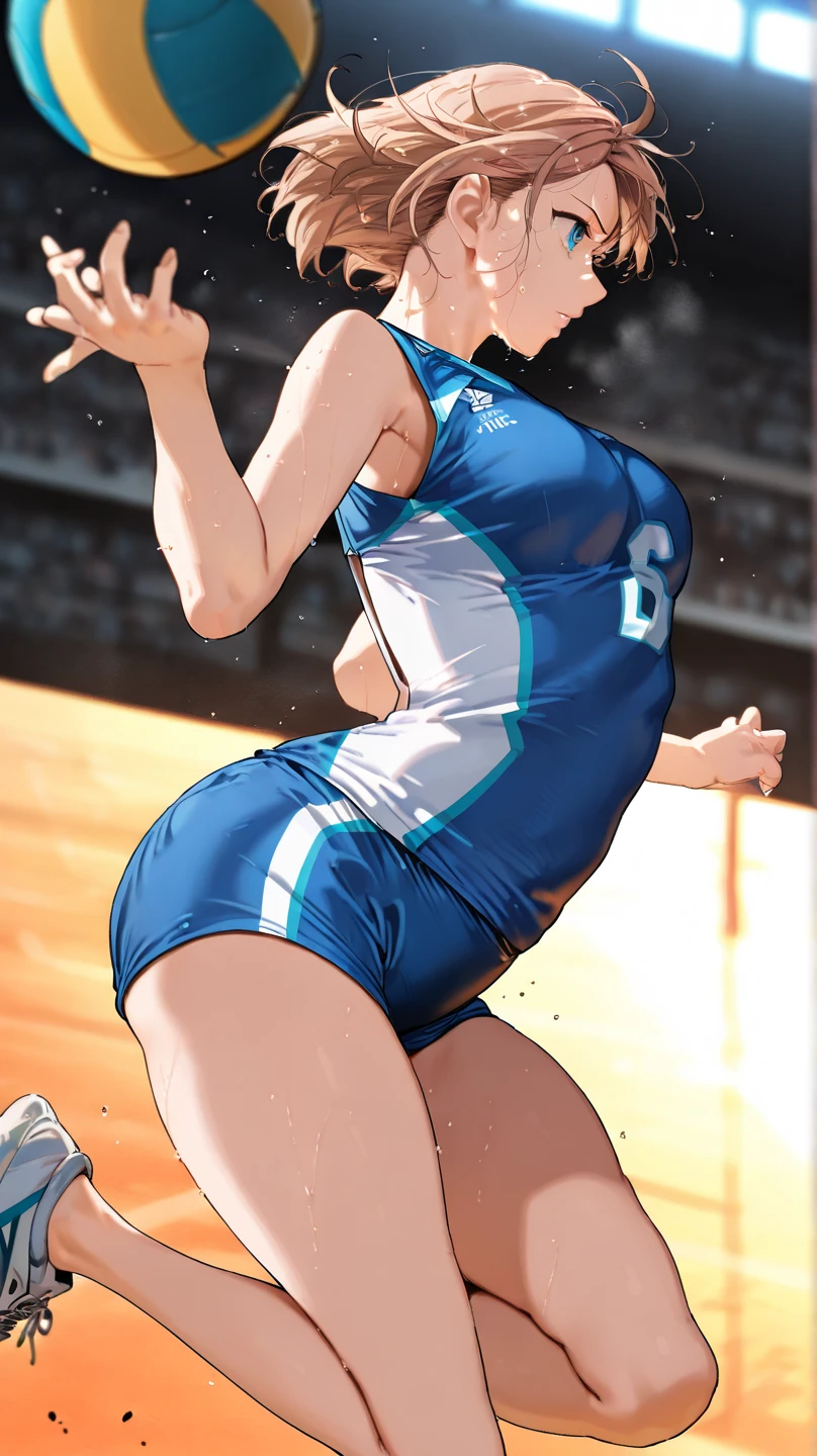 highest quality, masterpiece:), ultra-high resolution, inside volley ball field,, Korean gravure model, 24 years old, tight, back view:1.5, squatting, spread legs, wearing an Olympic sport uniform, high leg, gigantic breasts, puffy nipple:1.4, skinny, bangs, long hair, brown hair, choppy hair, unkempt hair:1.2, gorgeous earrings, beauty, embarrassed, blush:1.3, mature woman,