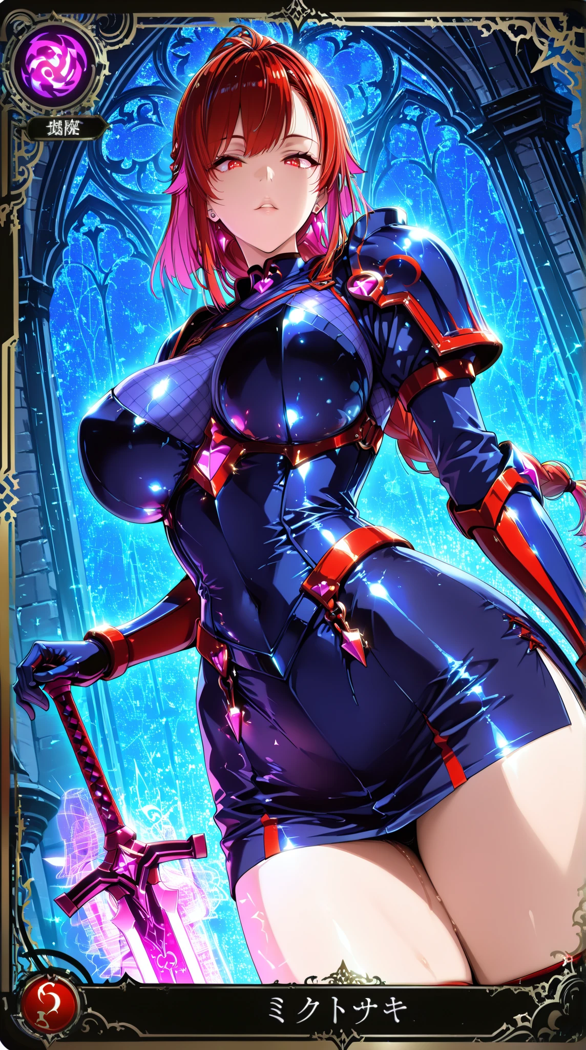 cum on chest、Blonde ponytail woman in armor pressing her chest close、glares、A look of contempt、humiliating、F-cup、cleavage of the breast、grnades breasts、Woman knight