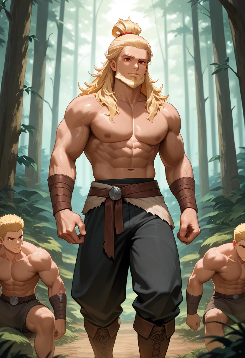 Handsome、Muscular、Macho、Thick chest、Thick legs、Completely naked、Big cock、Spiky Hair、all back、Berry Short、monkey、Beastman、Pointed Ears、Red eyes、Blonde、Thick arms、Body hair、smile、No bangs、Droopy eyes、Thick eyebrows、Scratch on nose、Big anly、gorilla、
