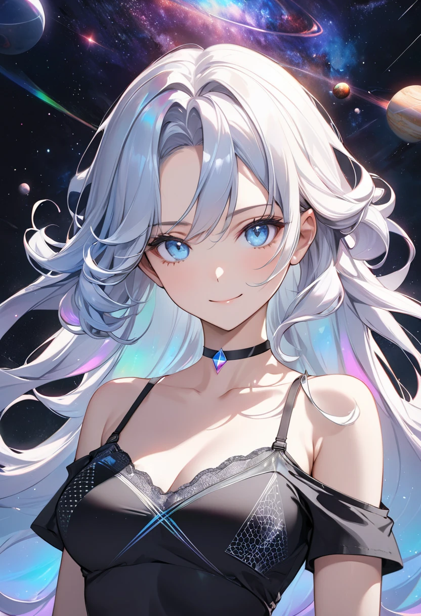 ((masterpiece)), (best quality), (detailed), (1girl), (inner data stream) light blue gradient hair, light blue glowing eyes, straight hair, wearing a modern white shirt, off shoulder, bare shoulder, perfect shoulder, detailed collarbone, perfect collarbone, covered by data particles, locked around the neck, detailed iris, sparkle eyes, enchanting purple eyes, (multicolored eyes), (heterochromia), (messy hair:1.3), (hair over one eye:1.3), (wavy hair:1.1),