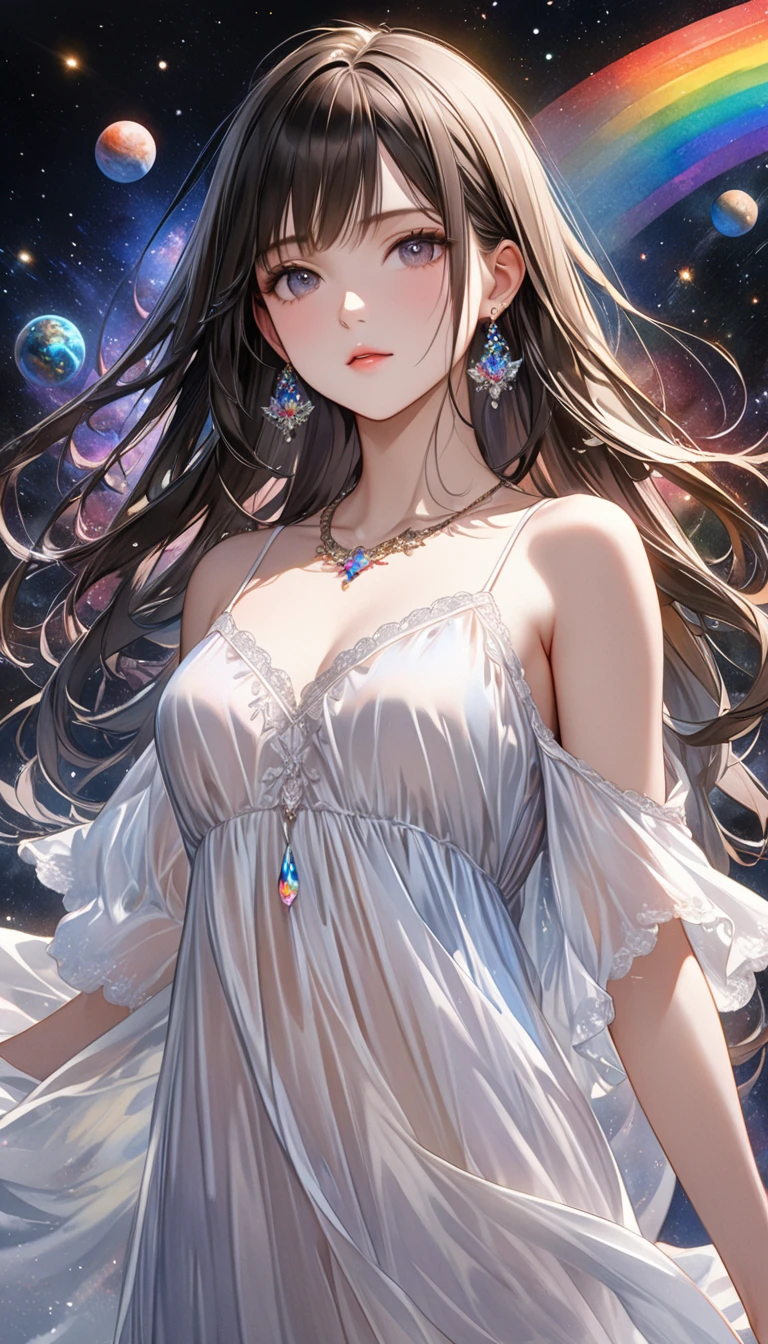 (masterpiece), best quality, expressive eyes, perfect face, (nsfw) not safe for work, 1girl, [highly detailed eyes], (highly detailed eyes), anime girl with long hair, goddess of the galaxy, nebula, dress, [upskirt], (upskirt}, godly stance, godly pose, head leaning on hand, hand on face, from below, seductive anime girl, [seductive face], mommy, milf, cleavage, ((floating)), no panties, anime best girl, an anime drawing inspired by Naka Bokunen, mature, solo, 