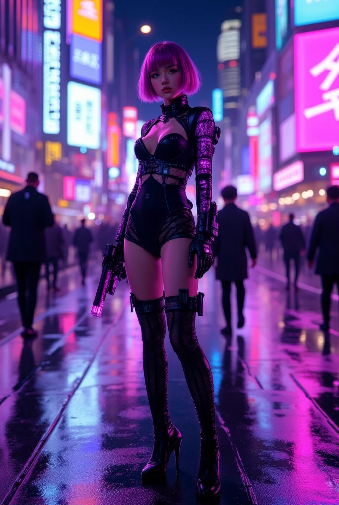 A beautiful European girl, on the roof of cyberpunk building, neon, serious face, wearing purple medieval dress, jewelry, cleavage, full body. She is 24 years old, has blond ponytails and blue eyes. Her cloth is stylish and her overall appearance is stunning. The girl's face is extremely detailed with beautifully detailed lips. Her skin is anatomically correct with realistic textures. The image should have super high details and be of the best quality, with a resolution of 8K. The final result should be a masterpiece, showcasing the girl's beauty and the vibrant atmosphere of The neon cyberpunk city and the night