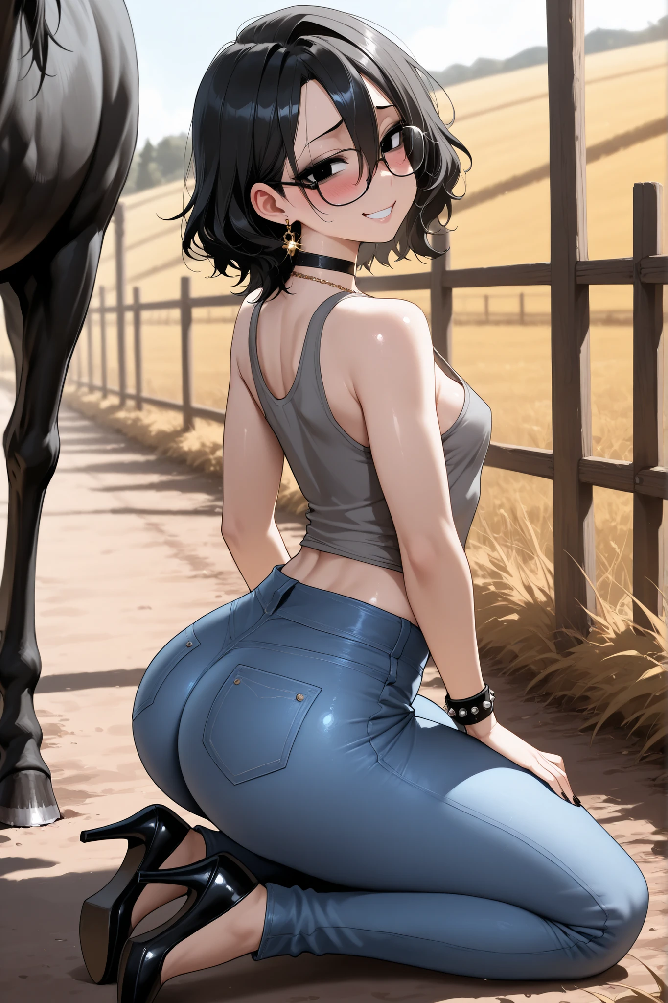 bitch girl,, Black eyes, Black hair, Hair between eyes, medium hair, wavy hair, nerdy glasses, Wearing a gray tank top with a huge open neckline and tight blue jeans, Black choker on neck, Black nails, Punk bracelets, Gothic high heels, small breasts, caressing a black horse on the outskirts of a farm, sexy blushing face, Big golden earrings, Rated R18, Sexy fitness ass, Boner under clothes, Shiny skin, full body, , hard sex