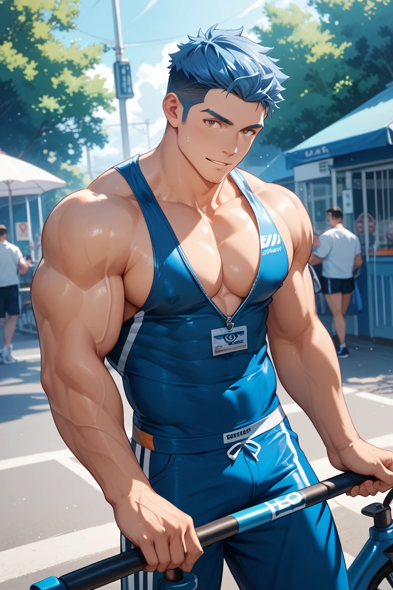 (masterpiece), best quality, expressive eyes, perfect face, 1 boy, 17 years old, Muscular guy, bodybuilder,with tattoo, jump suit