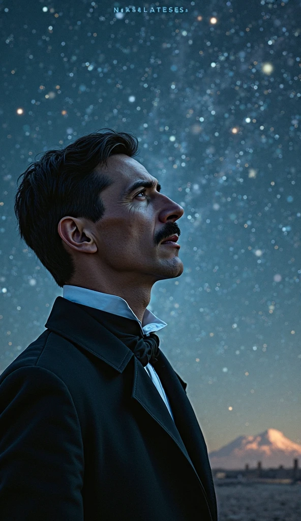 Generate an image that captures the essence of the drama, with predominant shades of navy blue and black. Include a representation of the Milky Way in the background, a man falling with a glass of wine in one hand and a sunflower in the other.