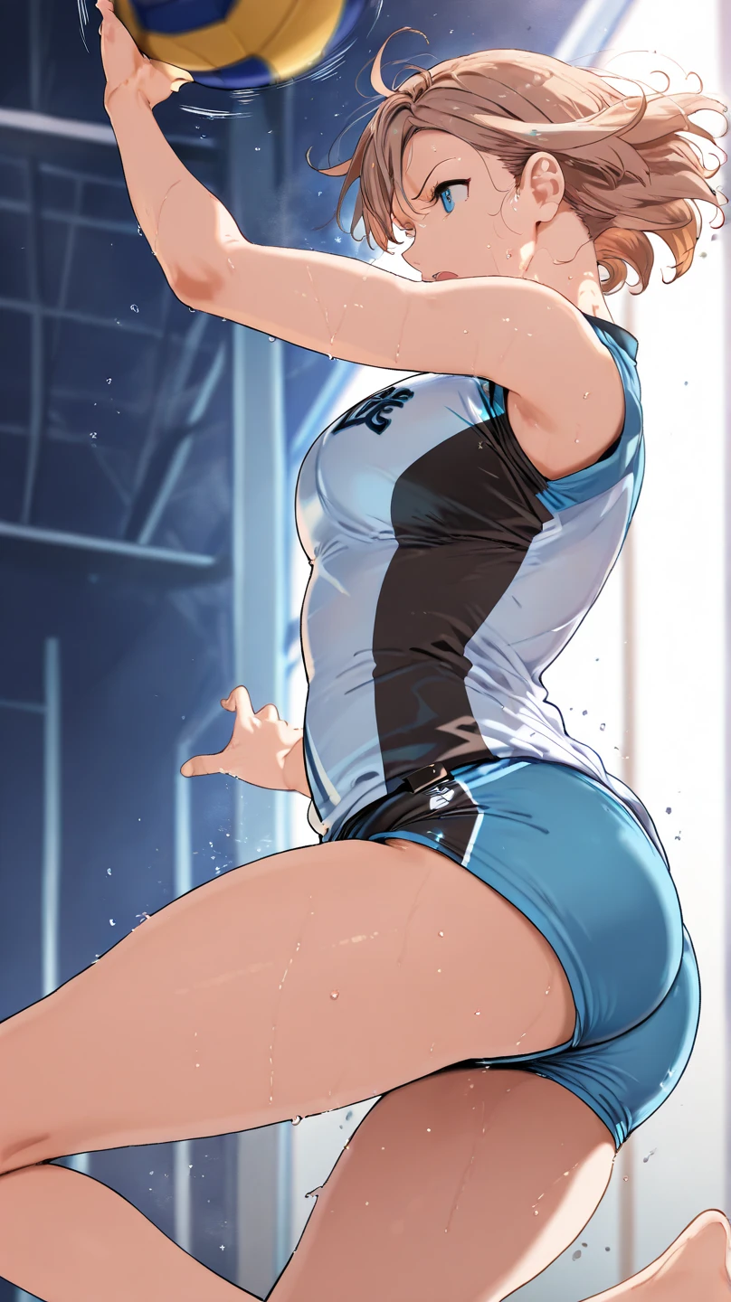 woman,14 years old,pool,noon,(((navy blue school swimsuit))),blush、surprised face,,((turn around and look back))(wet with water)Reflecting the buttocks,big ass