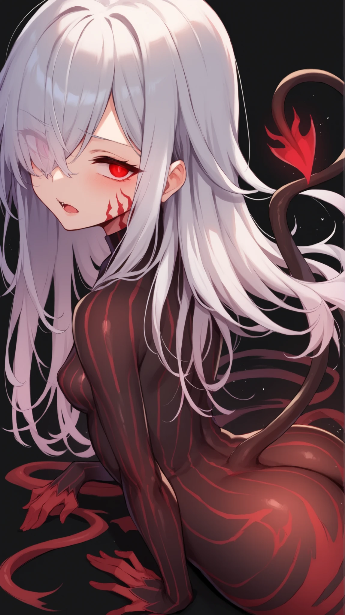 masterpiece, best quality, ultra-detailed, absurdres, colorful, 1girl, solo, (solid red eyes:1.0), (white hair, long hair, straight hair, hair over one eye:1.0), detailed eyes, wide-eyed, eyelashes, (upper body:0.8), monster girl, side view, glowing eyes, tilted head, night, black suit, pointy ears, horror, dark, black background, looking at viewer, crown, high contrast, backlighting, (standing:0.8), aura, fractal background, chaotic, spiral, demon horns, energy, mosaic, inferno