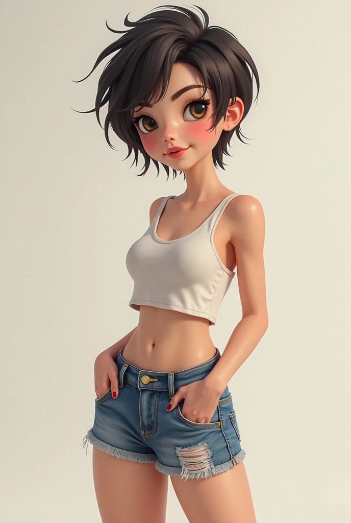 Super sexy Maria dressed (Low-cut and tight (Flared jeans)), ((White crop top top:1.5) Vest with exposed neckline), Short hair, gray hair, photorealestic, photography of, (A high resolution), (realisticlying:1.4), (very intricate), (exquisitedetails), highly detaile, A high resolution, Original, Extremely detailed 8K wallpaper, Best Quority, Detailed face, hyper detailled, OriginalPhoto, realisticlying, (thigh gap:1.5)