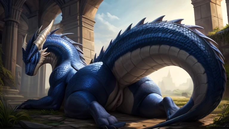 (high quality,4k,8k,highres,masterpiece:1.2),ultra-detailed,(realistic,photorealistic,photo-realistic:1.37),pixiv masterpiece,(intricate details), nsfw, chubby wet ((feral)) Dragon with highly detailed blue scales and (((long Black fluffy hair))), sitting, feral, stunningly sharp-focus, charming chubby body, curvy, huge ass, very big ass, wet ass, wide hips, huge thighs, enchanting black hue, swaying tail, impressive scales, powerful presence, mesmerizing beauty, sexy posture, well-defined claws, sinister-hearted, radiant aura, captivating artwork, artistically rendered, masterful strokes, attention to detail, tasteful composition, alluring charm, careful shading, great attention to anatomy, meticulous rendering, impeccable craftsmanship, vivid colors, perfect balance between realism and fantasy, wet, sweaty, big fluffy tail, thick tail, squish focus, Landscape shot, ((huge haunches, huge hips, huge thighs, huge ass)), ((hyper balls, huge balls, scaled balls, huge penis, hyper penis)), [tojothetheif, narse, kitora]