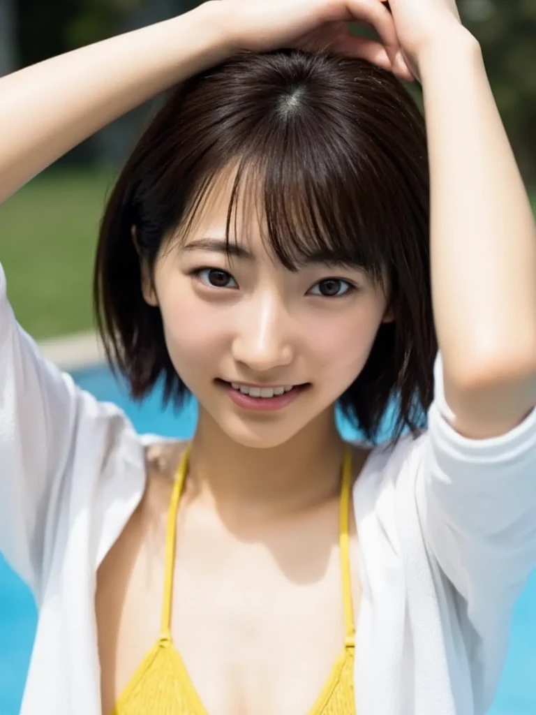 （dynamicposes）、(Arms listed above:1.2),masutepiece, Best Quality, finely detail, hight resolution, in 8K、Wallpaper, Perfect dynamic composition, Beautiful detailed eyes, maikurobikini, （huge udder:1.3）、Natural Color Lip, Bold sexy poses,Smile,swimming pools、20 years girl、Cute、(​masterpiece、top-quality) 、For clear images、Strong sunshine、absolutely outstanding image, very extremely beautiful、​masterpiece, top-quality,a picture, kawaii、(Colossal tits:1.2)、((20 year old woman:1.2))、Young adorable Japan face, dewy skin,,Soft portrait shots,in 8K,Japan girl realistic young idol、Young cute gravure idol、Young Sensual Gravure Idol、Young gravure idols、model in Japan
