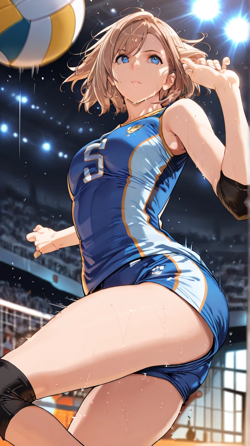 (Highest quality:1.5, High resolution, uhd, 4K, Detailed lighting, Shaders), ((Kugisaki Nobara)) ,solo short hair Brown Hair Brown eyes Cool face ((Volleyball Uniforms))++ Realistic gym Sweat Super oily skin Preparing for exercise No ball No sleeve Cowboy Shot