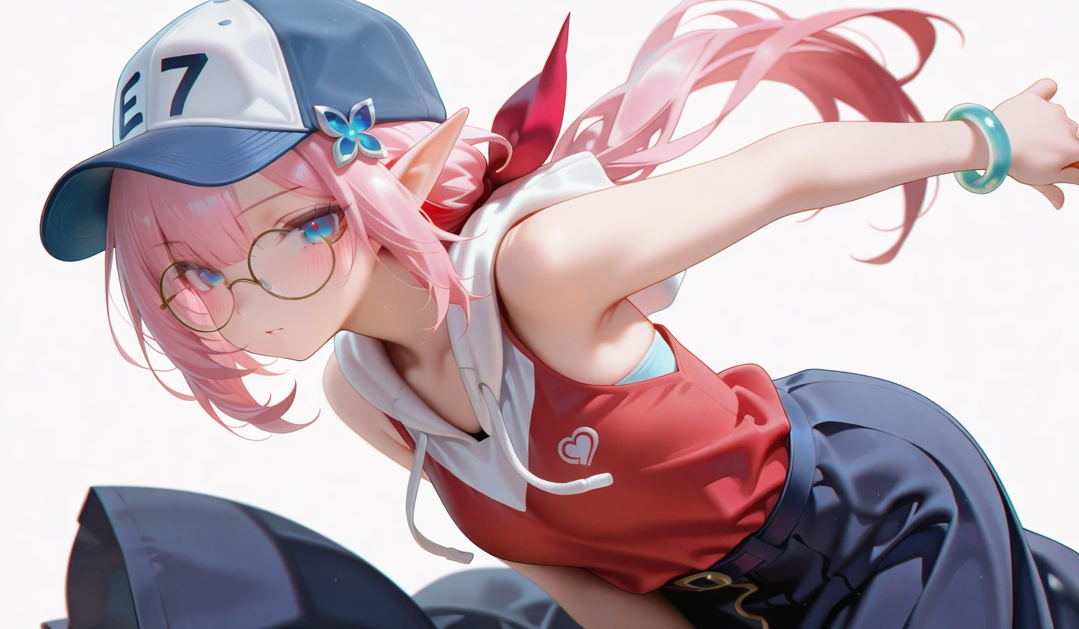 Create an adorable anime-style illustration of a teenage girl with pink hair, wearing a stylish with a mini skirt. She has a playful ponytail and a sweet smile as she confidently . With stylish glasses adding to her charm, she radiates a cute and endearing vibe, perfect for an anime-style illustration.Reading a book A soothing landscape