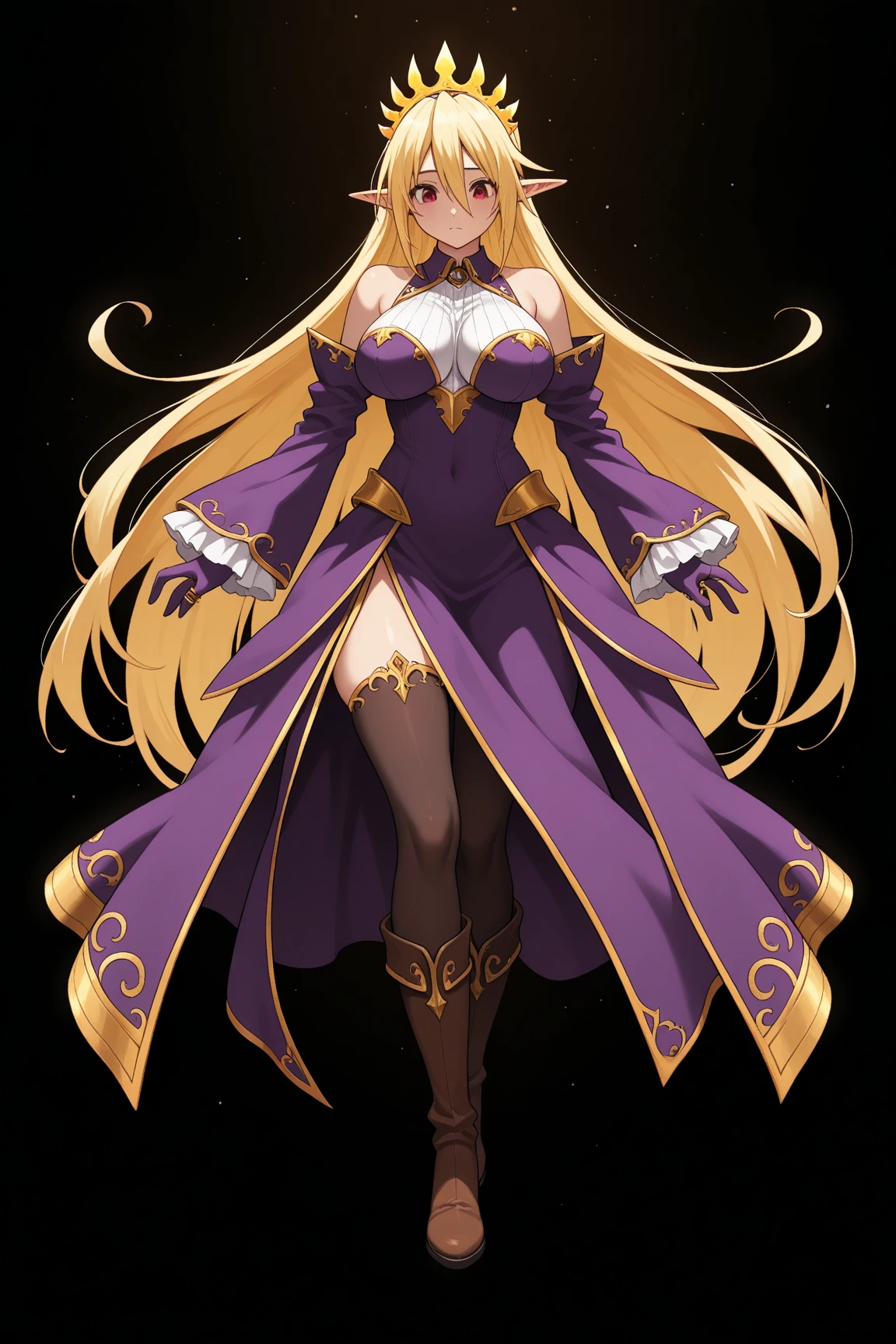 1girl, solo, 1woman, forest, walking, masterpiece, best quality, highly detailed, ((sorceress outfit, sorceress girl)),((purple sorceress dress, tight dress, gold engraving, leather boots, high heel boots)), long ponytail hair, orange hair, ((front view:1.5)), ((full body:1.5)), (shy pose:1.3)