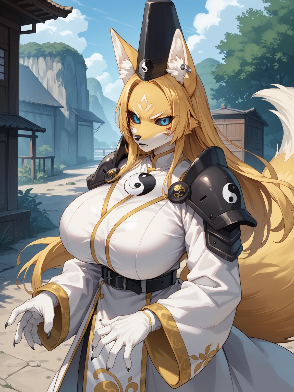 ((8k, 4k, Detailed, High quality, masterpiece, perfect anatomy)), Assassin's Creed, furry, female, mature female, ((by Kilinah, fluff-kevlar)), golden retriever, sexy body, breasts, cute face, brown eyes, fluffy tail, Assassin's Creed armor, Assassin's Creed outfit, assassin face mask, pregnant