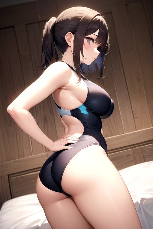 air groove \(umamusume\), from behind,lying on stomach,('masterpiece,Best quality,1girl,black long hair,Mature and intellectual lady,beautiful',),school swimsuit,wet_swimsuit,banquet,at noon
