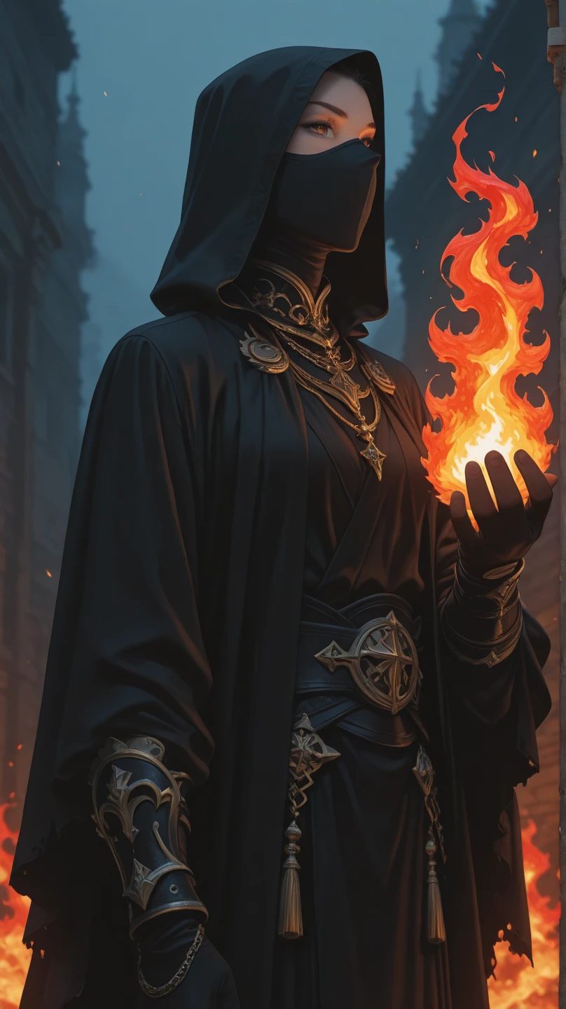 masterpiece illustration, detailed, hires, bard, tetsubo starlight robes, hood, , acid spray trap, positive,flaming,festive,hollow,controlled,undulating,effulgent,fire