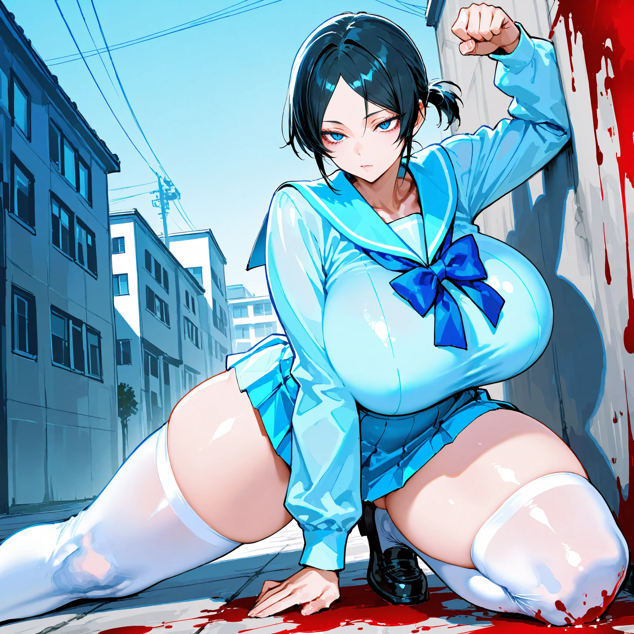 ultra-detailed, Explicit, Beautiful body, Beautiful Nose, Beautiful character design, perfect eyes, perfect face, ultra highres, 4K, beautiful legs, perfect legs, Nice hands, Perfect hand, Masterpiece, Best Quality, Highly detailed, illustration, absurdres, perfect anatomy, street fighter, doll suit, shadaloo doll, dollsuit, expressionless, blank eyes, looking at viewer, red gloves, emotionless, black latex, corruption, mind control, female combatant, full body, hypnotized, unhappy trance, full body suit, ribbed bodysuit, both arms at side, obey, perfect female body, extremely glossy latex, hypnosis, hypnoLora, empty eyes, Mind control device, poses, submissive_pose, Slave, sitting straight, sitting, sitting at attention, hat, necktie, belt, latex, ribbed bodysuit, thigh Highs, garter belt, Fighting Stance, extending the right arm from the shoulder into the air with a straightened hand, military, thigh boots, black pantyhose, (((pixel-perfect, detail-perfect))), solo, 1girl, hair ornaments, short hair, blue hair, blue eyes, flat breast, Kunoichi Mokuren, hair bun, hair stick, (((blood on clothes, blood on face)))