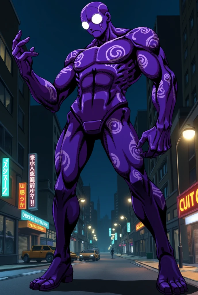 estilo de arte de anime, Imagem de corpo inteiro, the angle of the image must be frontal and full body frontal. extremely muscular character, com um corpo de fisiculturista. E ELE DEVE TER PELE EXTREMAMENTE NEGRA !! The character has white mohawk hair, has yellow eyes, is shirtless and must wear light green tight-fitting pants, and wearing a synthetic boot. The character must be in a city full of buildings around him, The character is strong and determined, e muita massa muscular!!!!