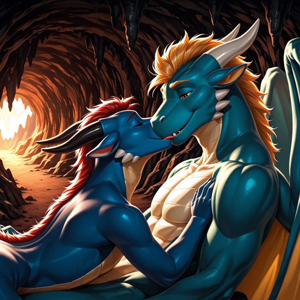 a male dragon fucking a female dragon, (duo), sex, vaginal penetration, side view, male/female, size difference, taller male, night, dark, cave, [Uploaded to e621.net; (Foxovh), (Pixelsketcher), (mayosplash)], ((masterpiece)), ((HD)), ((detailed scales), ((detailed shading)), ((beautiful render art)), 
BREAK
{dragon; (male), red scales, red penis, erected penis, big penis, penis in pussy, knot, dragon penis, big balls, red anus, y anus, muscules, abs},
BREAK
{dragon; (female), dark blue scales, dark blue areola, big breasts, presenting pussy, plump labia, dark blue pussy, dark blue anus, y anus, big ass, wide hips},