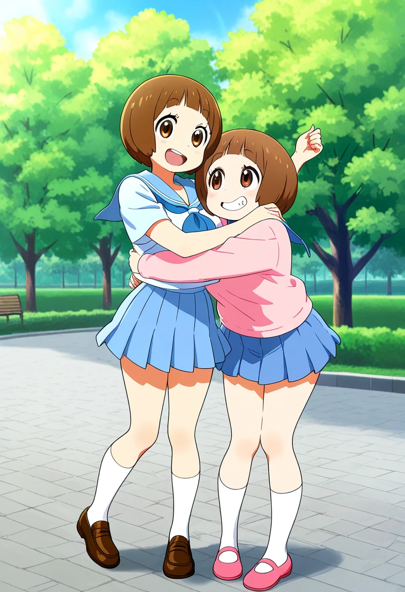 Highest quality, Ultra-high resolution, (Realistic: )2D official style cel animation,((Two girls from Mitsuboshi Colors sit side by side))mini skirt,Summer Shirts,(Pink Panties、White panties、Lace panties),loose socks,sneakers,Full body portrait,(From below),Station stairs,sunny,Quite embarrassing,blush,Leg spread
