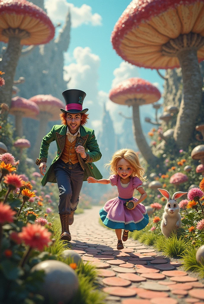 Alice in Wonderland, Alice and the Mad Hatter children playing in the forest