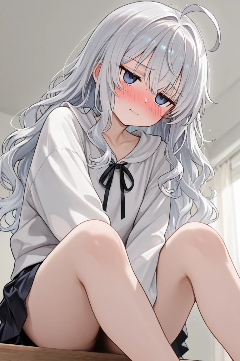 cute,Panty shot,Knee socks,Staring,Embarrassed,bedroom,