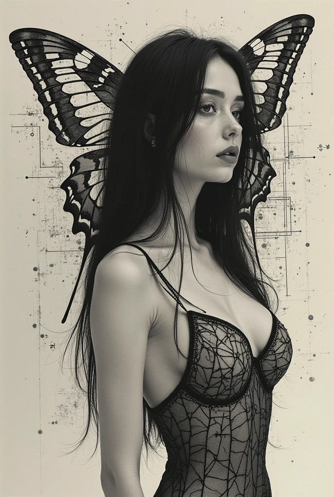 a girl, butterfly, Ink style painting, Ink Style Figure, minimalism, monochrome, Grayscale, clear lines, (best quality, masterpiece, Representative work, official art, Professional, Ultra high detail, 8k)