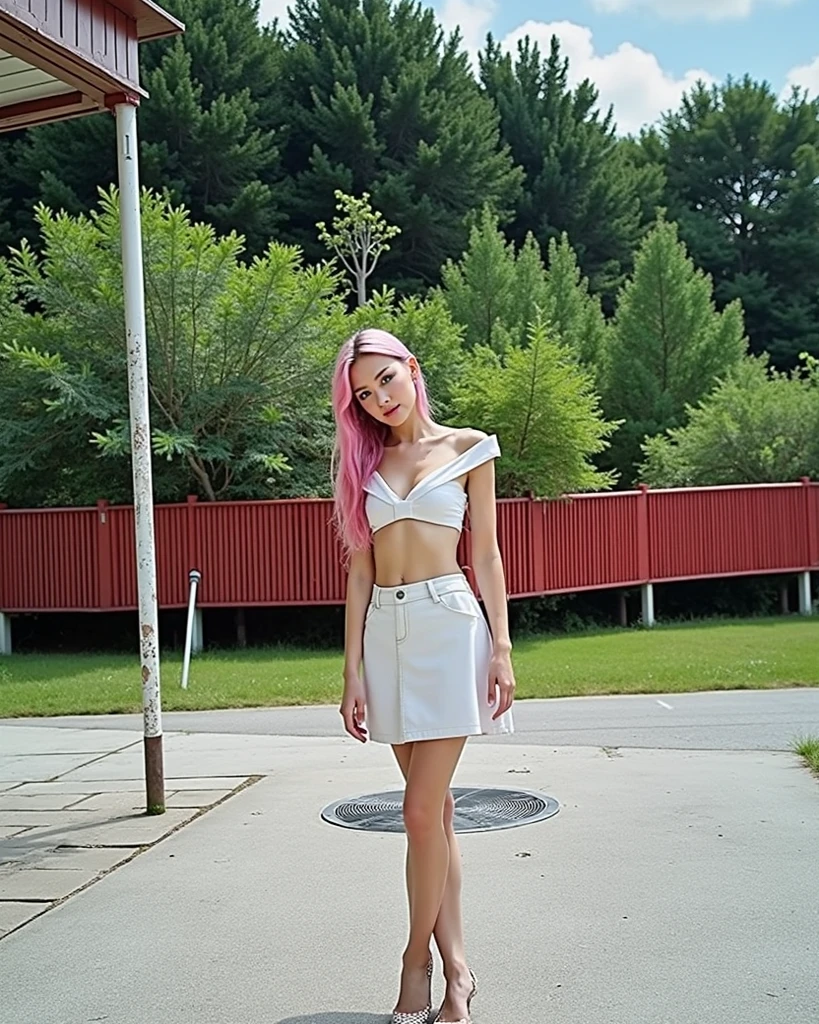 very thin girl: 1.5, naked girl: 1.3, pink hair, blue eyes, pretty girl, beautiful smile, thin girl, thin waist, wide hips, thin legs, small breasts, flat chest, (no panties: 1.3), gap between thighs, from the front, cowboy shot, (white top: 1.2), best quality, masterpiece, ultra-realistic, 8k, nsfw: 1.5,