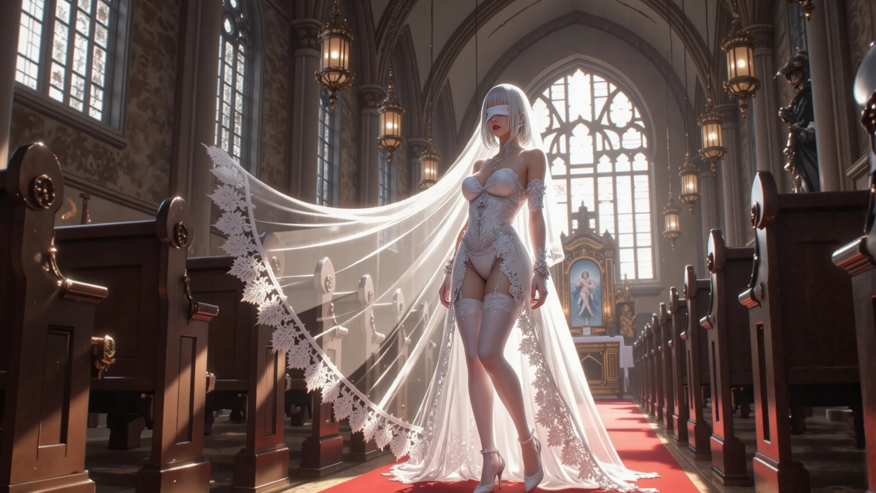 finest image, detailed, delicate, flashy and dynamic depiction, blindfolded with a black cloth, beautiful priestess woman, (white sheer rope, white and blue sheer costume:1.2), large breasts, abs, slender, perfect proportion, blonde hair, amorous expression, lewd expression, background church cathedral with gorgeous stained glass, scattered gold dust, professional lighting