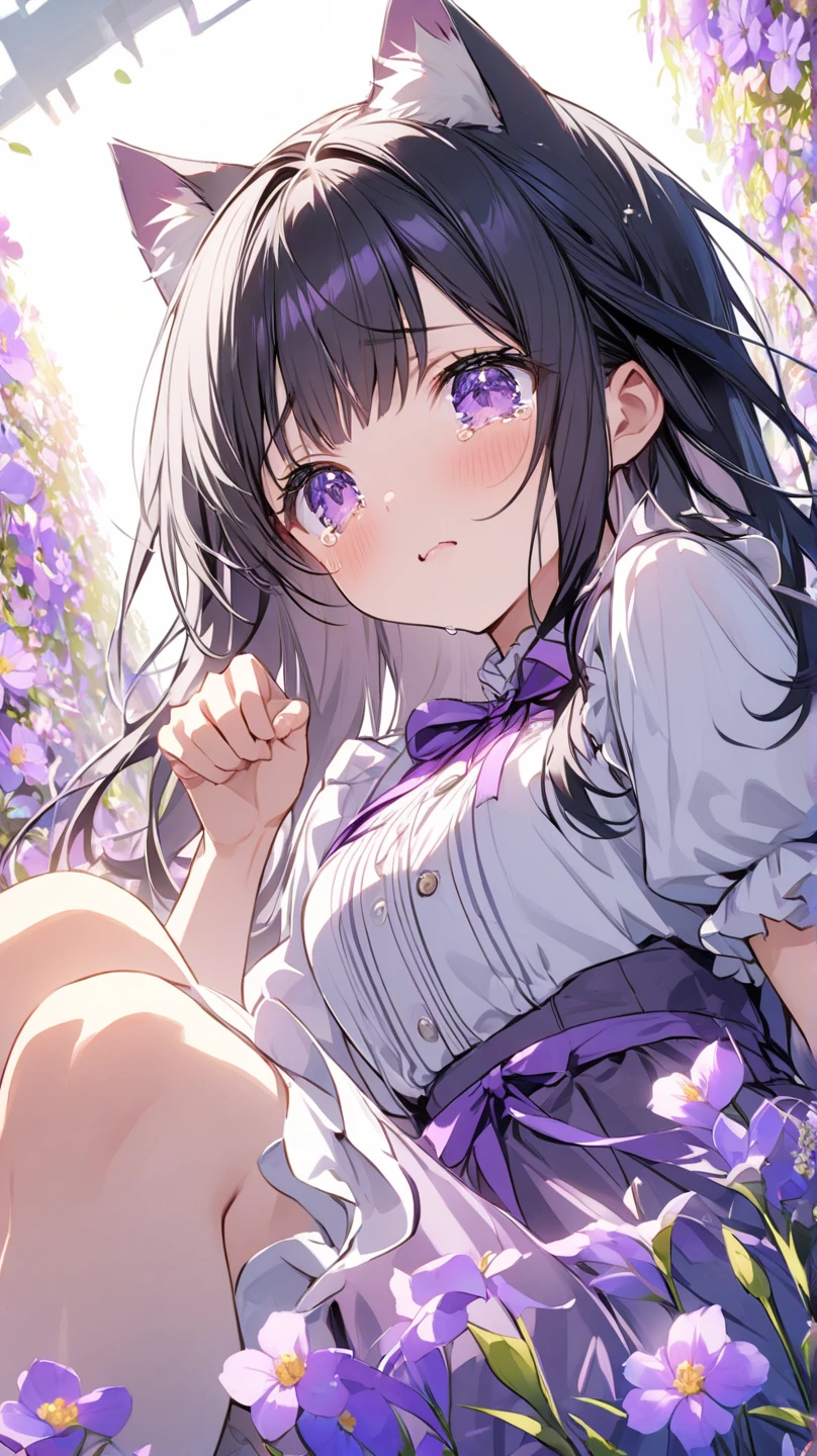 Anime ai is a short, cute, who has long hair down to her bottom and doesn't tie it, her hair is dark blue, she wears a blue dress with a little white on her clothes, her clothes and skirt are bright,Thin,Wearing a blue butterfly hair clip. Is crying sobbing