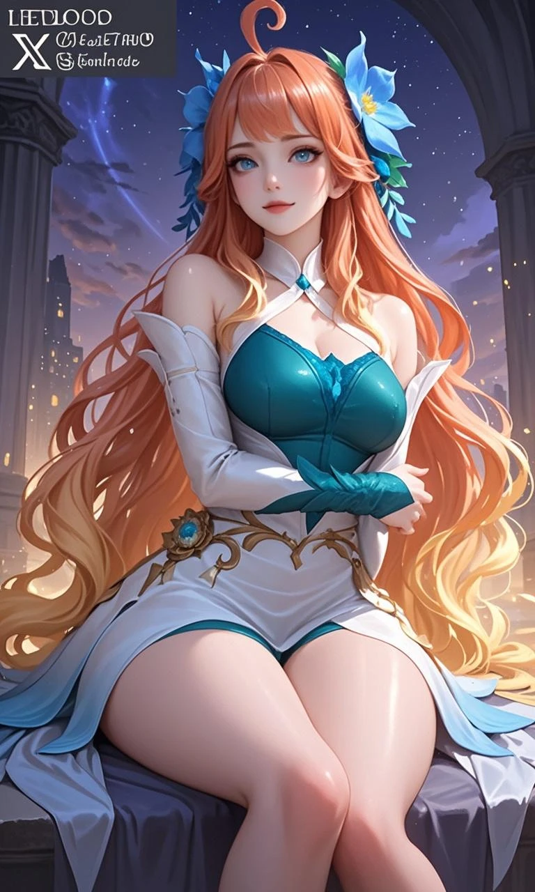 Beautiful Queen, With perfect face, Long and voluminous red hair, Realistic and perfect blue eye, With an expression of superiority, Looking like a 40s, With a blue chic medieval dress, With golden crown and jewelry, A4 high resolution