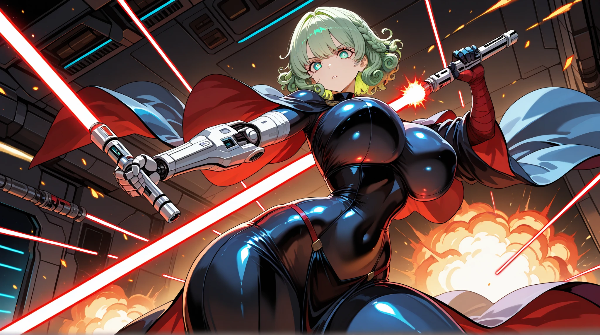 1girl, green hair, yellow eyes, pixie cut, very short hair, smile, breasts, leotard, black leotard, pantyhose, black pantyhose, neon, futuristic, science-fiction, full_body, ((full body)), mature female, hourglass figure, large breasts, machinery, tech, neon trim, sneakers, fighting stance, lightsaber, sword