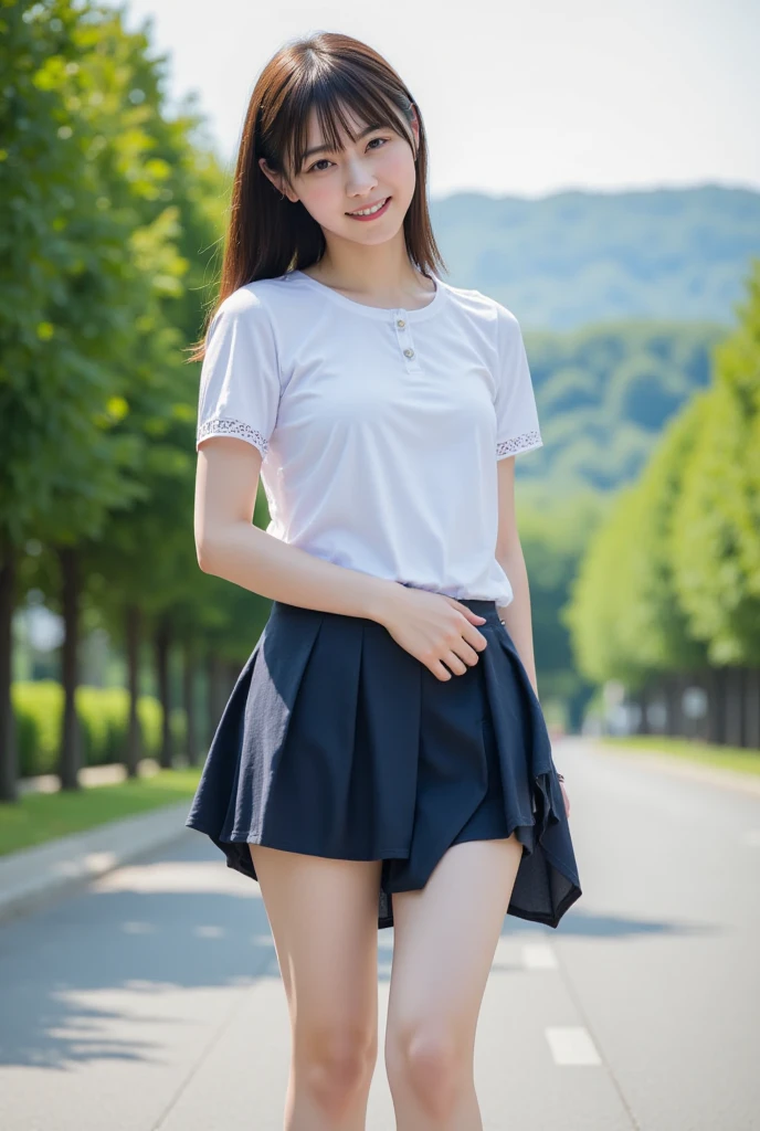 (Low  angle shot :1.5)、(Girl with slender small and long hair dull bangs in high school uniform:1,5) 、(A girl tucking up the skirt and white panties are visible :1.5)、(Beautiful big blue sky:1.5)、(Perfect Anatomy:1.3)、(No mask:1.3)、(complete fingers:1.3)、Photorealistic、Photography、masutepiece、top-quality、High resolution, delicate and cute、face perfect、Beautiful detailed eyes、Fair skin、Real Human Skin、pores、((thin legs))、(Dark hair)